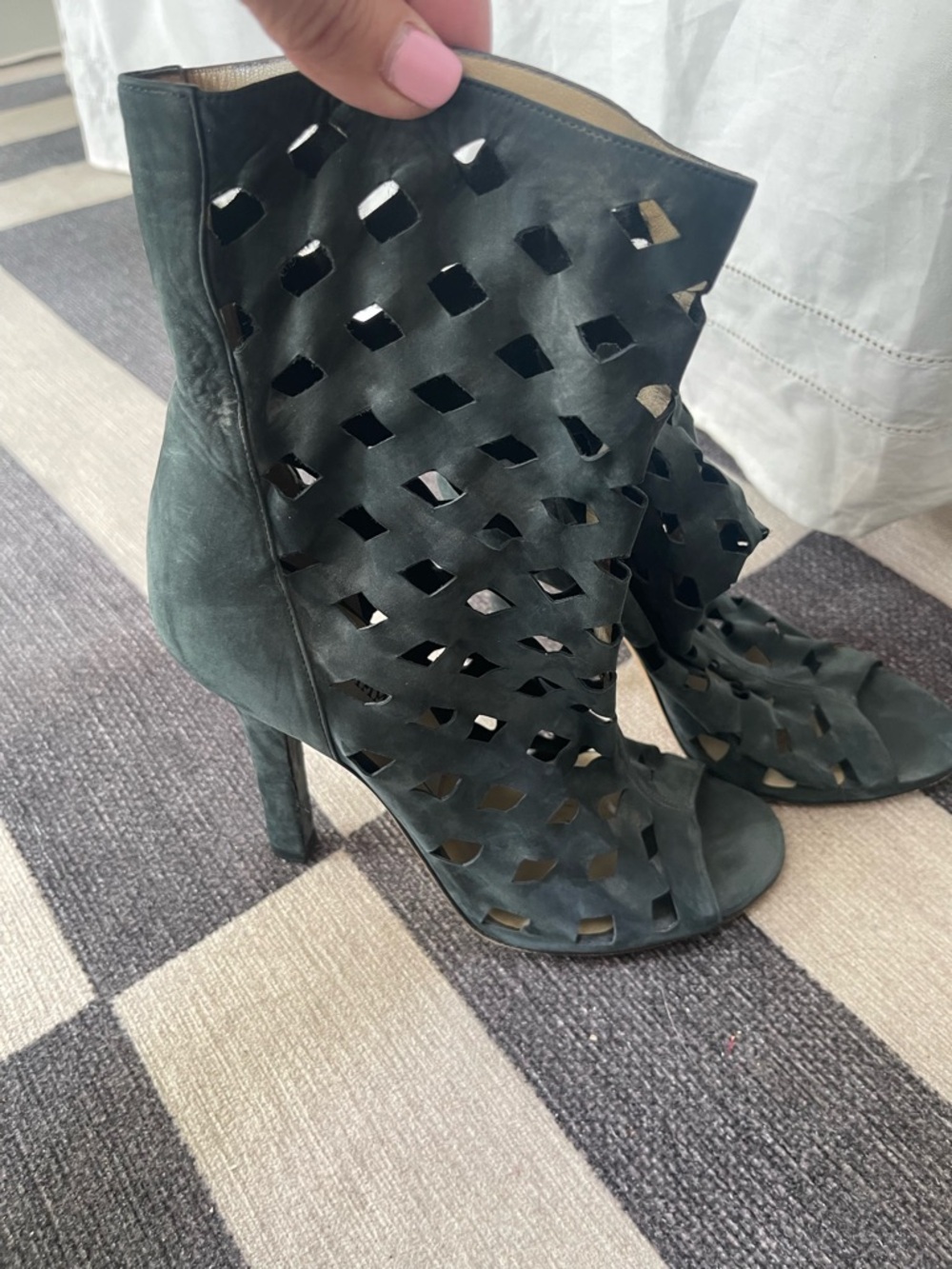 Jimmy Choo Dark Green Laser-Cut Suede High Heel Booties